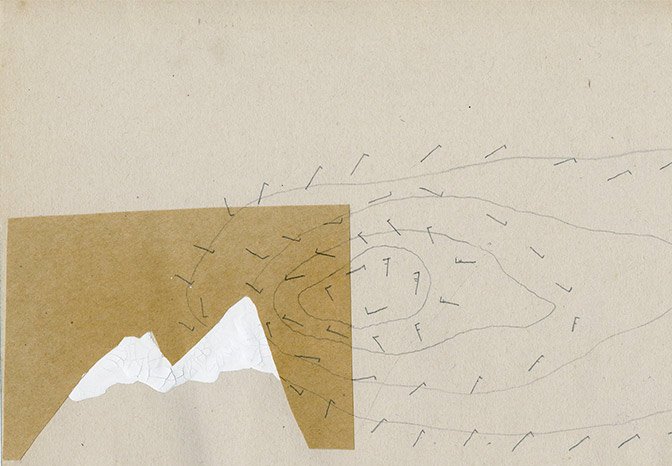 Graphite, collage and correction fluid on paper. Resembling a mountain and wind arrows. Scann of original work. 