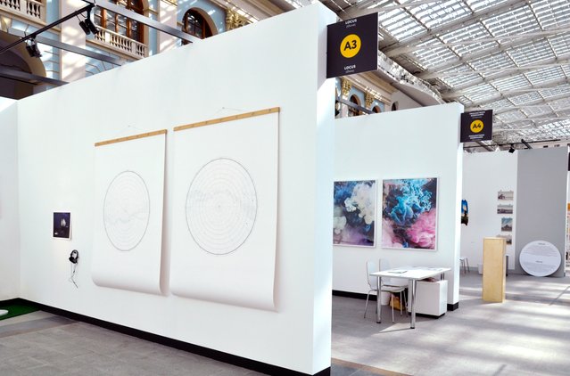 Installation view of two large starmaps at exhibition at Cosmoscow, Moscow. Photo. 