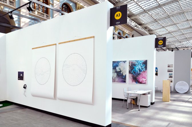 Installation view of two large starmaps at exhibition at Cosmoscow, Moscow. Photo. 