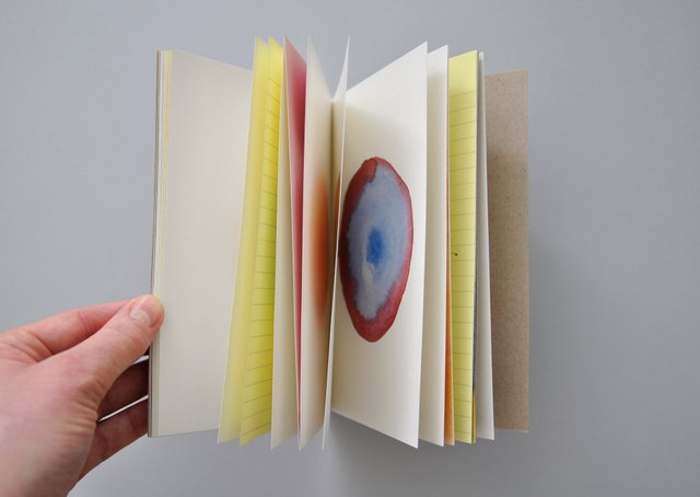 Overview of handmade artists book with atmospheric watercolour drawings. Photography.